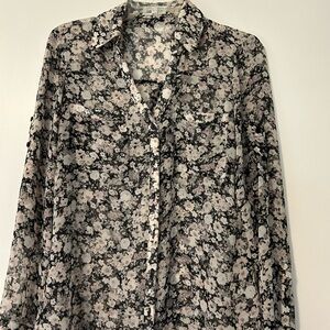 Express Sheer Floral Button-Down Blouse in Black and Cream